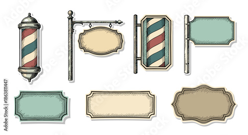 A vintage collection of barbershop signs and barber poles, featuring blank signboards and classic striped poles in a detailed, hand-drawn engraved illustration style.