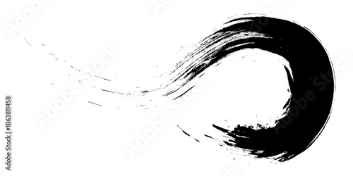 Black brush stroke in the form of a circle. Drawing created in ink sketch handmade technique. Isolated on white background.