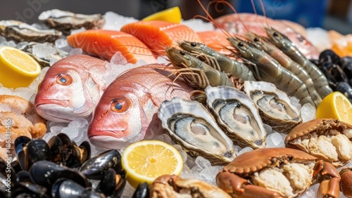 Wallpaper Mural Fresh seafood selection on ice, featuring fish, shellfish, prawns, oysters, and lemon wedges Torontodigital.ca