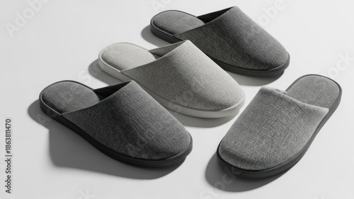 Wallpaper Mural Four comfy, neutral-toned house slippers arranged on a white surface, soft and inviting Torontodigital.ca