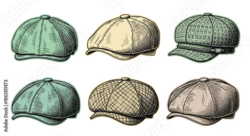 Collection of classic men's tweed and newsboy caps in various patterns, all illustrated in a detailed, hand-drawn, vintage engraving style with sticker outlines.