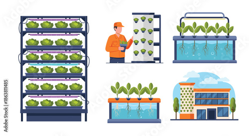 Set of illustrations depicting vertical farming and hydroponic systems, showing multi-layered racks with lettuce, aeroponics, and a modern vertical farm building.