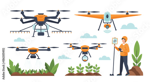 Various agricultural drones in action, including models for crop spraying, field surveillance, and land surveying, operated by a farmer for precision farming.