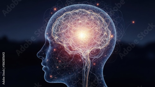 Wallpaper Mural Glowing brain visualization inside a translucent head, with dark background Torontodigital.ca