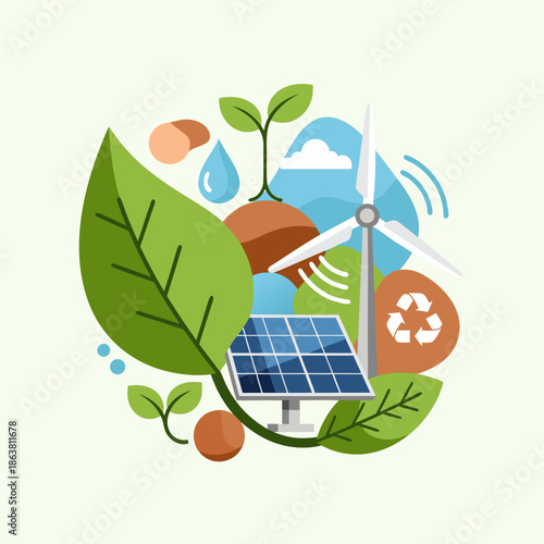 Renewable energy illustration with solar panels, leaves and wireless signals representing sustainable green technology