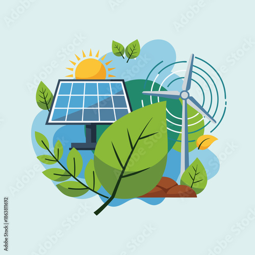 Renewable energy illustration with solar panels, leaves and wireless signals representing sustainable green technology