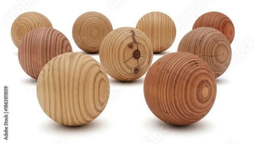 Wallpaper Mural Group of wooden spheres with varying grains and tones, arranged on a white backdrop Torontodigital.ca
