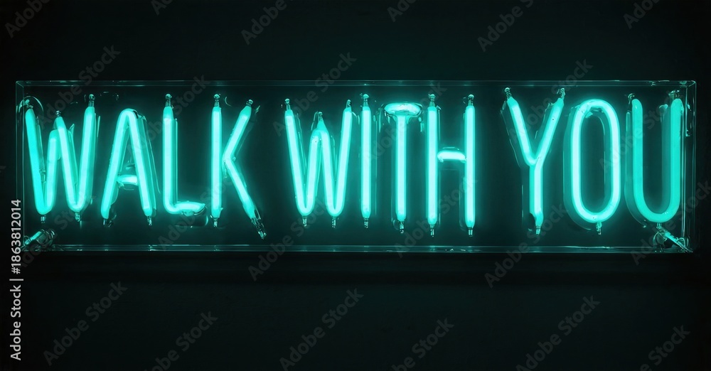 Obraz premium Bright turquoise neon sign displays text. Dark background emphasizes glowing lettering, creating dramatic visual impact. Simple, modern aesthetic.