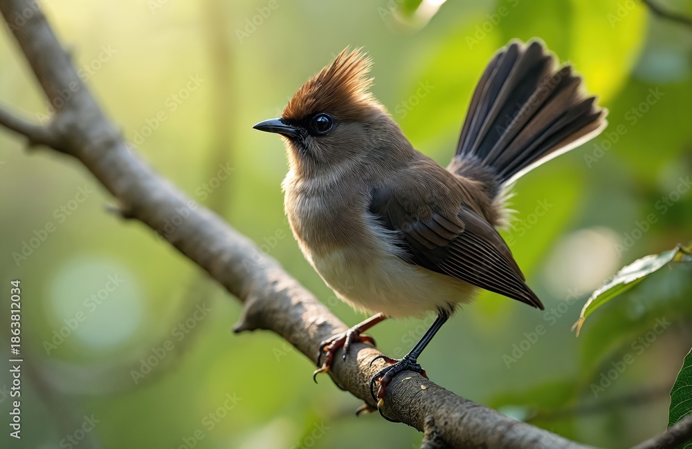 Fototapeta premium Small brown bird with a crest perches on a tree branch. It has a dark beak and eyes. The background is a soft blur of green leaves and light.