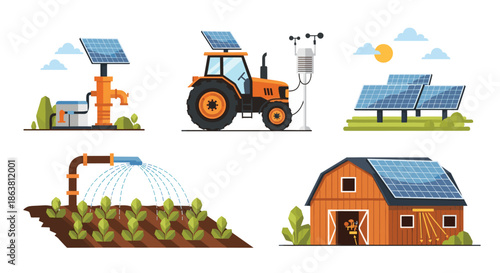 Illustrations of renewable energy in agriculture, featuring solar panels powering a water pump, a tractor, a barn, and an irrigation system on a farm.