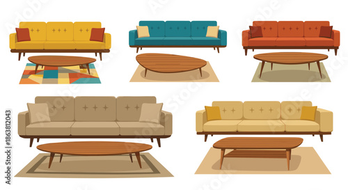 Set of living room scenes featuring mid-century modern sofas paired with coffee tables on various rugs, showcasing different color schemes and furniture styles.