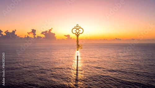 Ornate key above tranquil ocean at sunset
