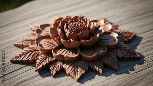 Wallpaper Mural Intricately carved wooden flower with detailed petals and surrounding leaves on wood Torontodigital.ca