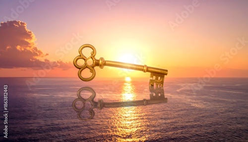Golden key at sunset over the ocean