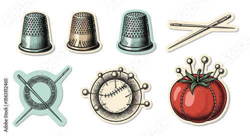 A vintage collection of sewing and tailoring supplies, including thimbles, needles, and various pincushions, all presented in a classic, hand-drawn sketch style.