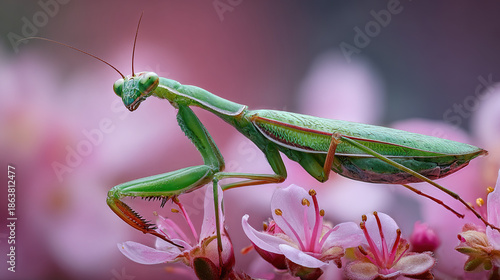 Wallpaper Mural Green Praying Mantis On Pink Flowers Torontodigital.ca