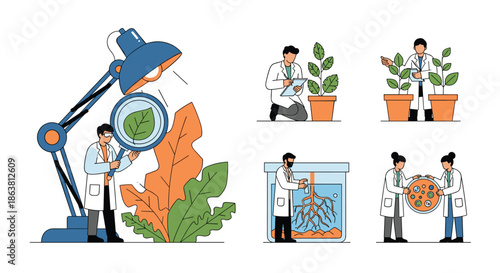 Collection of scenes showing scientists and botanists in lab coats conducting plant research, using microscopes, and studying roots in a laboratory setting.