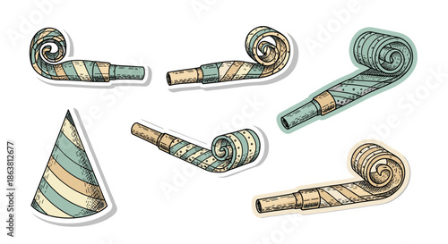Set of festive party blowers and a conical party hat, illustrated in a vintage, hand-drawn style with striped patterns and a retro color palette.