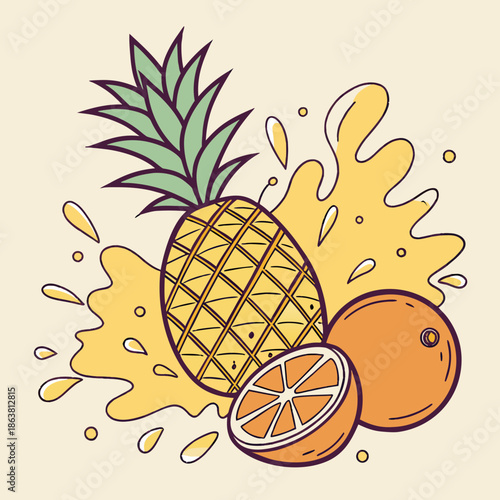 Fresh tropical fruits splashing with juice in a vibrant illustration