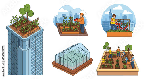 Illustrations of urban gardening and farming concepts, including rooftop gardens on skyscrapers, community gardens, and personal greenhouses for sustainable city living.