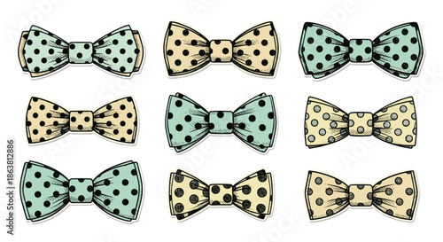 A large set of nine classic bow ties with various polka dot patterns and color combinations, all illustrated in a charming, hand-drawn vintage style.