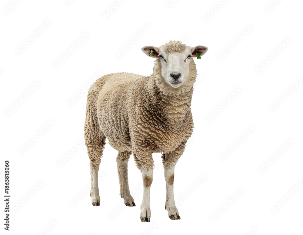 Fototapeta premium Lamb standing in isolation with woolly cream fleece and alert expression