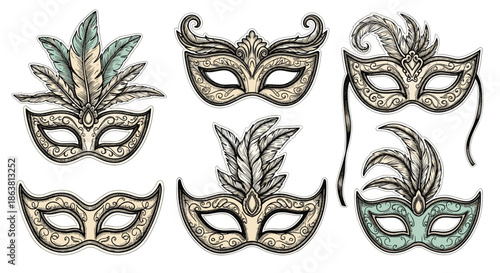 Elaborate collection of Venetian and carnival masquerade masks decorated with feathers and intricate patterns, all in a vintage, hand-drawn engraved illustration style.