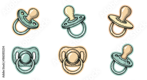 Set of assorted baby pacifiers in a vintage, hand-drawn sketch style, featuring different shapes and colors with a subtle retro color palette.