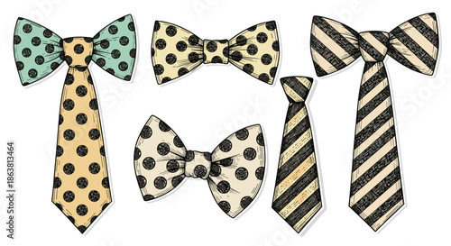 Collection of vintage-style neckwear, featuring classic ties and bow ties with polka dot and striped patterns, presented in a hand-drawn, sketched illustration style.