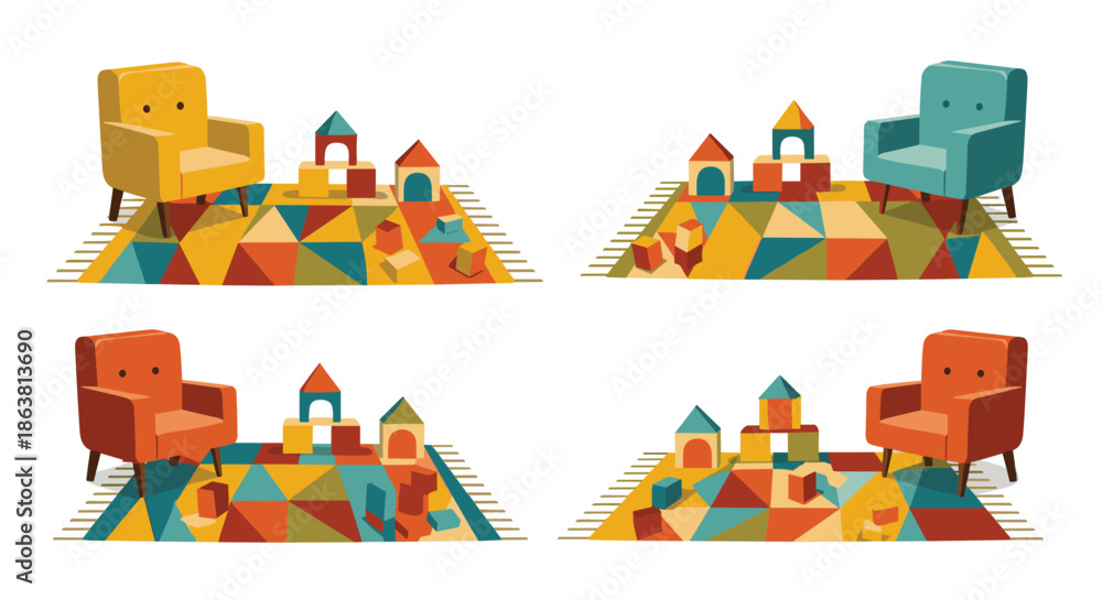 Obraz premium Four illustrations of a cozy children's playroom corner with a colorful armchair, a geometric rug, and a castle built from wooden toy blocks.