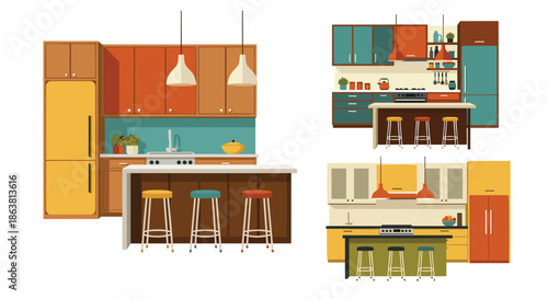 Collection of modern and retro kitchen interiors with islands, bar stools, cabinets, and appliances, showcasing various colorful and stylish design layouts.