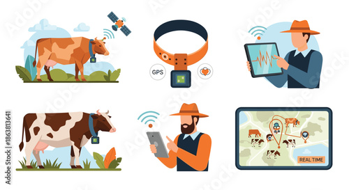 Smart farming illustrations depicting livestock management technology with GPS tracking collars on cows, satellite monitoring, and farmers using tablets for real-time data.