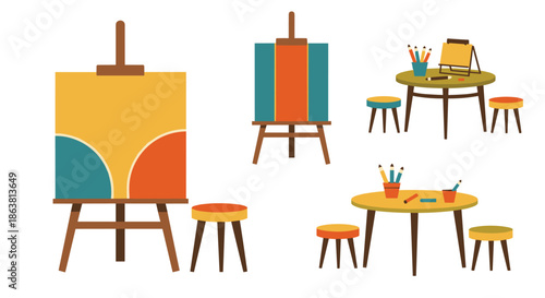 Collection of art studio and kids' creativity furniture, including easels with canvases, small round tables, and stools with art supplies like pencils and crayons.