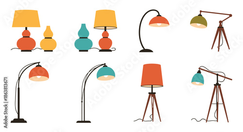 Set of stylish retro floor and table lamps in mid-century modern designs, featuring different shapes, colors, and stands for home interior lighting decoration.