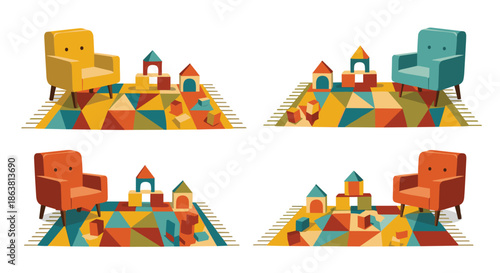 Four illustrations of a cozy children's playroom corner with a colorful armchair, a geometric rug, and a castle built from wooden toy blocks.