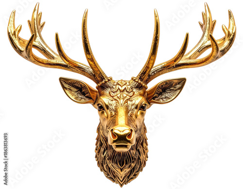 Golden stag head, intricately detailed, against a black background