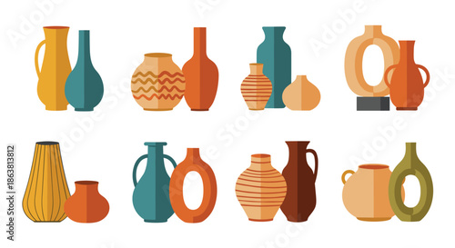 Colorful collection of ceramic and clay vases in various shapes, sizes, and patterns, representing modern and traditional pottery for interior home decoration.