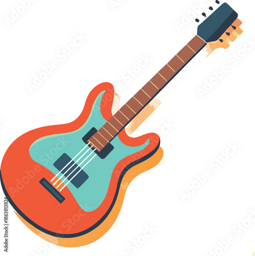 Vibrant Red and Teal Electric Guitar Illustration with Bold Outlines