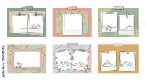 Collection of travel-themed scrapbook layouts featuring photo frames, world map backgrounds, washi tape, and illustrations of mountains and airplanes for memories.