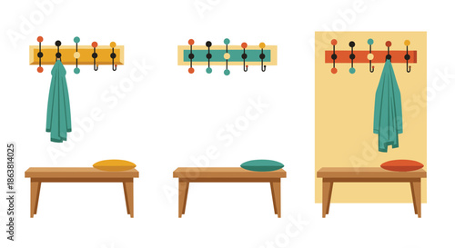 Set of mid-century modern hallway furniture featuring colorful atomic-style coat racks and simple wooden benches with cushions isolated on a white background.
