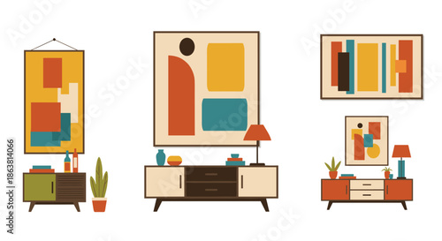 Stylish compositions of mid-century modern interiors with abstract art, wooden sideboards, table lamps, and decorative items for a retro living room setting.
