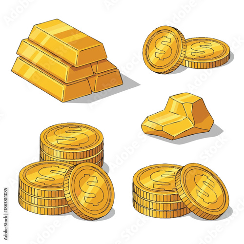 Cartoon illustration of gold bars and coins with dollar signs on a white background, conveying a cute and cheerful mood with a flat lay composition.