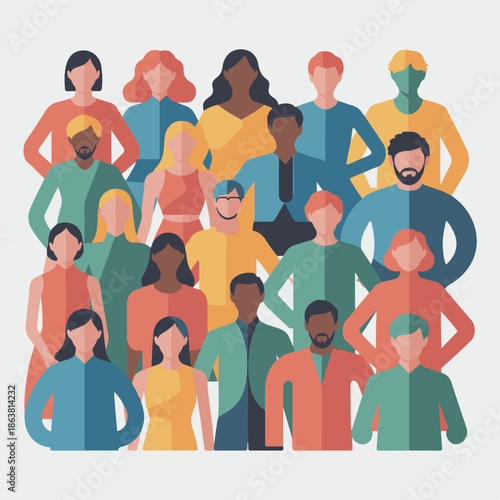 Diverse group of people community flat vector illustration, multicultural team of men and women, social inclusion and diversity concept