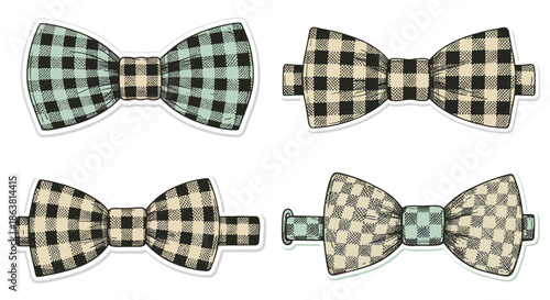 Assortment of classic bow ties with a gingham or checkered pattern, presented in a vintage hand-drawn style with varied color schemes and sticker outlines.