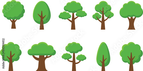 Flat cartoon tree icon set with various green deciduous tree shapes for nature design, forest illustrations, environment graphics, games, and educational projects