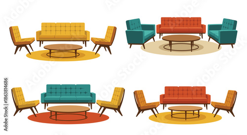 Four complete mid-century modern living room sets, each featuring a sofa, armchairs, a coffee table, and a colorful rug.