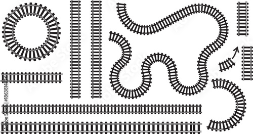 Train Tracks Silhouette. Railway Line and Rails Icon Set Vector design eps