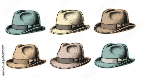 A stylish set of six classic fedora hats in different colors and angles, depicted in a detailed, vintage engraved illustration.