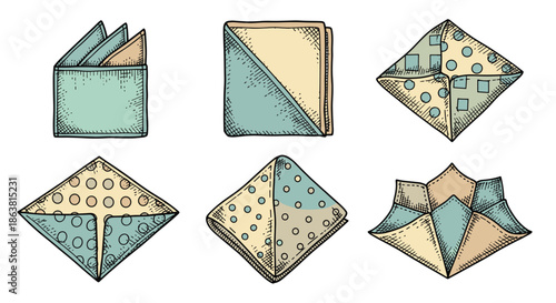 A collection of six different ways to fold a pocket square, illustrated in a classic, hand-drawn vintage sketch style.