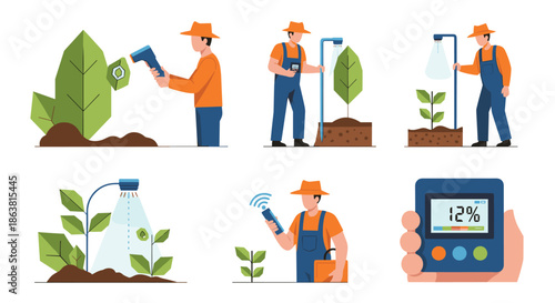 Set of illustrations showing a modern farmer using smart devices and sensors to check plant health, humidity, and control irrigation.